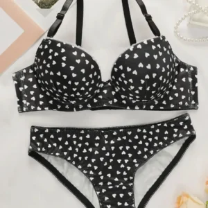 Hearts Printed Padded Bra and Panty Set