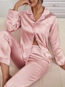 Pink Silk pjs with white piping trim