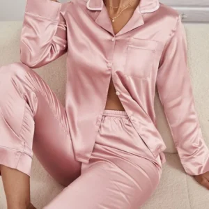 Pink Silk pjs with white piping trim