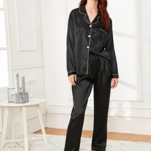 Black Silk pjs with white piping trim